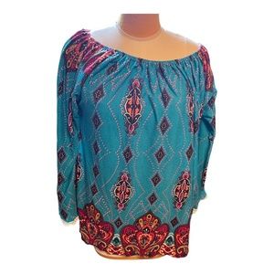 WOMENS LADIES BOHEMIAN TEAL BURGUNDY PLUS 2X/3X TOP BLOUSE SHIRT